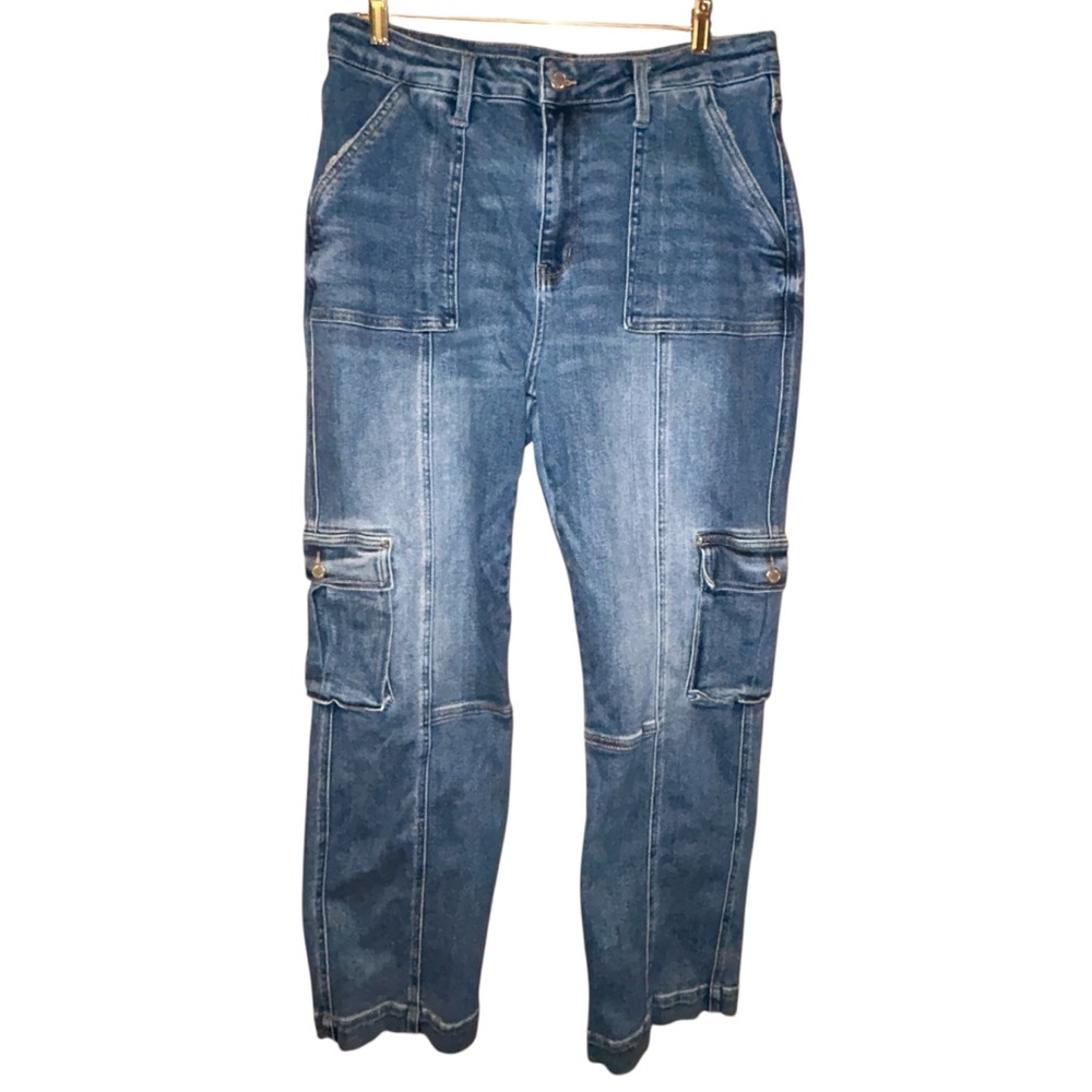 Judy Blue Wide Leg Cargo Jeans High Rise Stretch Denim Size 15/32